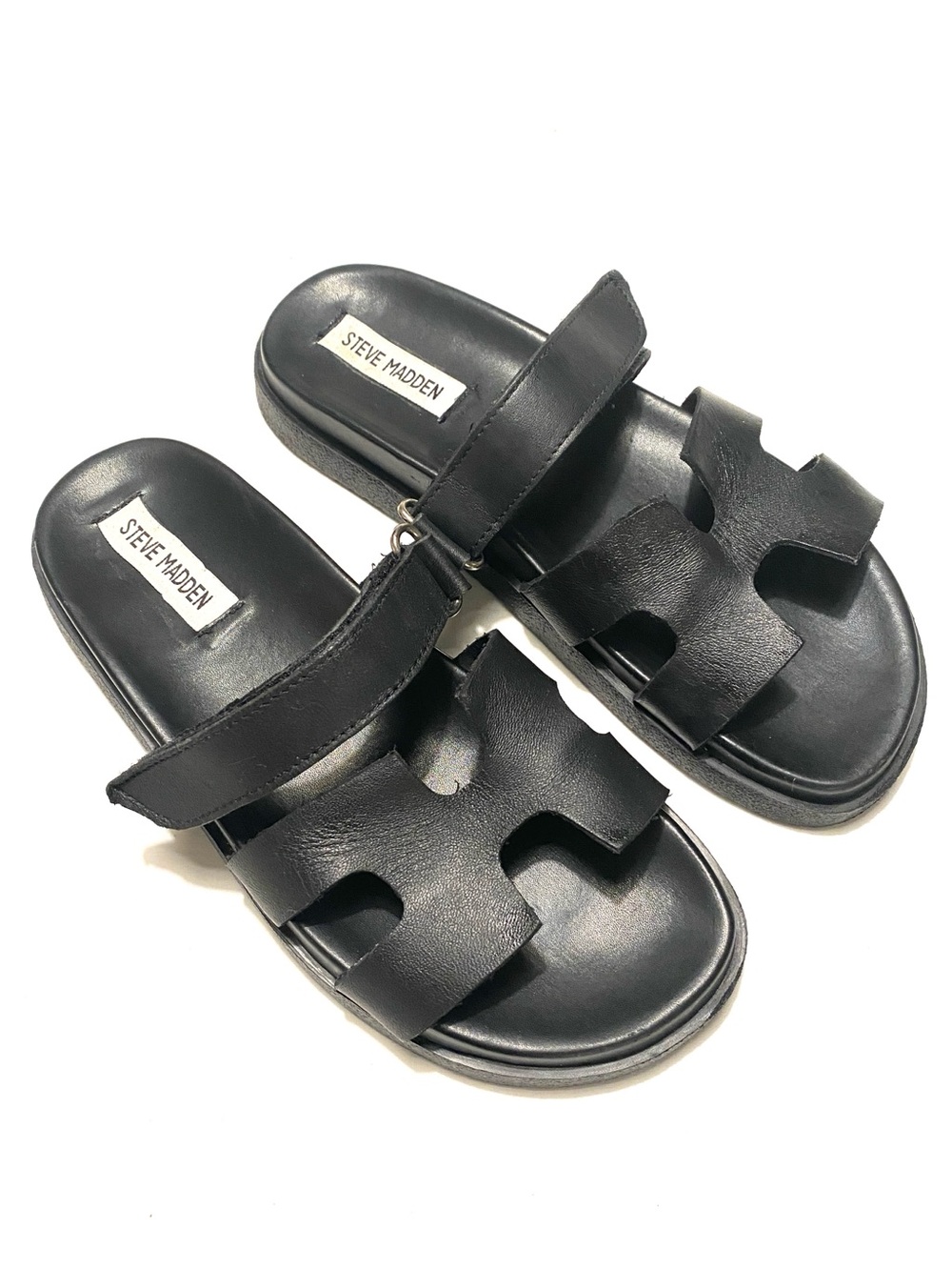 Steve Madden Mayven Sandal Black Leather Flatform Slide Women’s 7 Adjustable Str